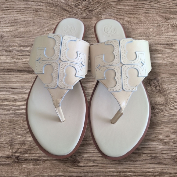 Tory Burch Jamie Dulce De Leche Full T Logo Thong Full Leather Sandals - Picture 2 of 5